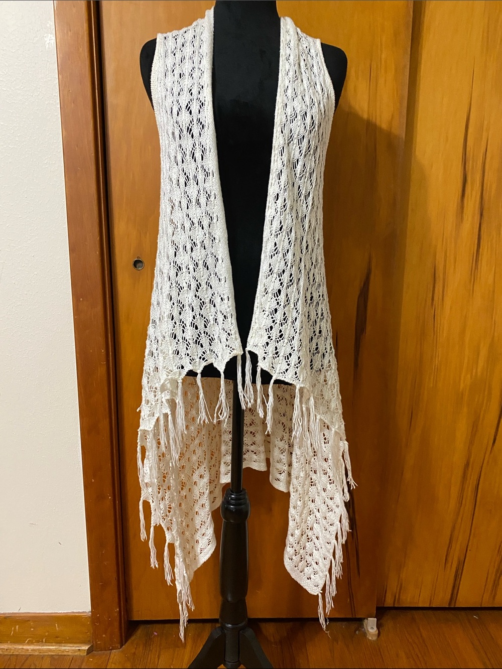 Festival Boho Cream Crochet Fringe Vest Open Cardigan Duster Indie Cottagecore